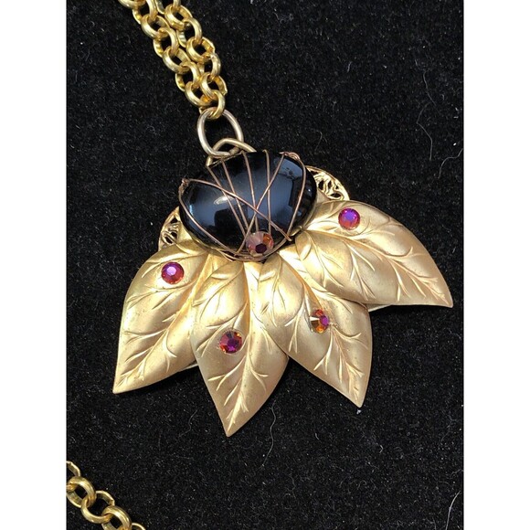 Vintage Stone Handwrapped Pendant Necklace On A 20” Popcorn Gold Tone Chain - Picture 5 of 7